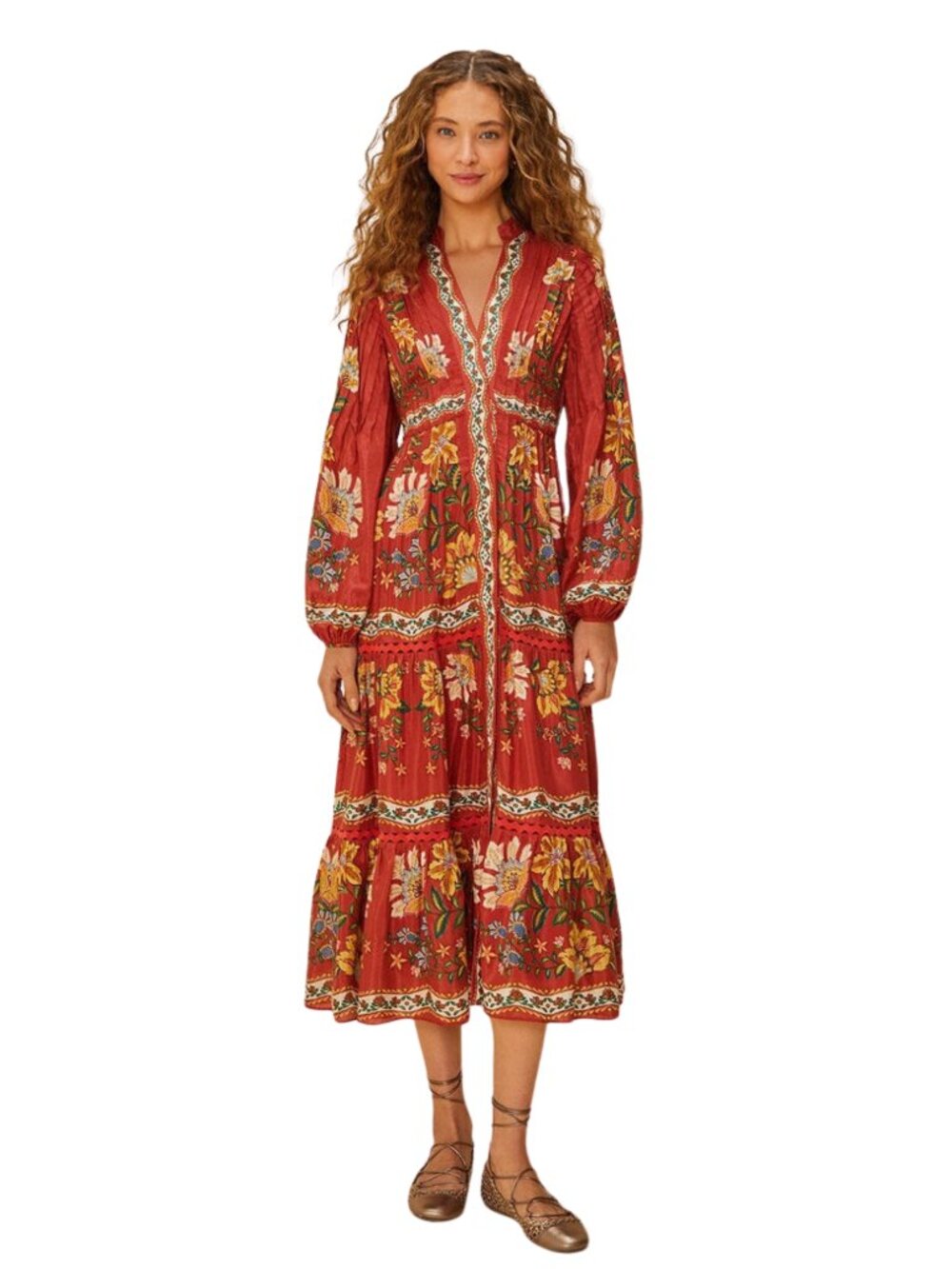 NWT Farm Rio Red Garden Delight Long Sleeve Midi Dress Size Medium
